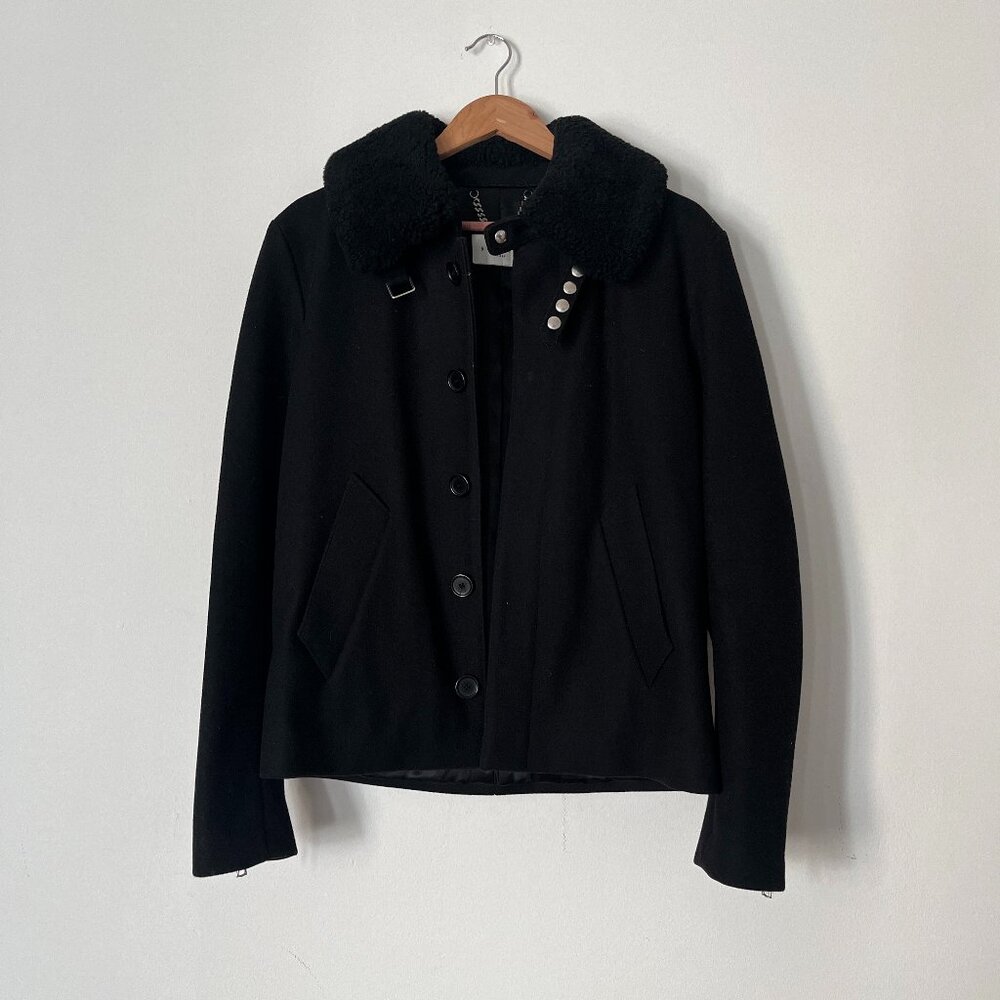 Shearling Trim Collar Black Wool Aviator Jacket - Picture 1 of 8